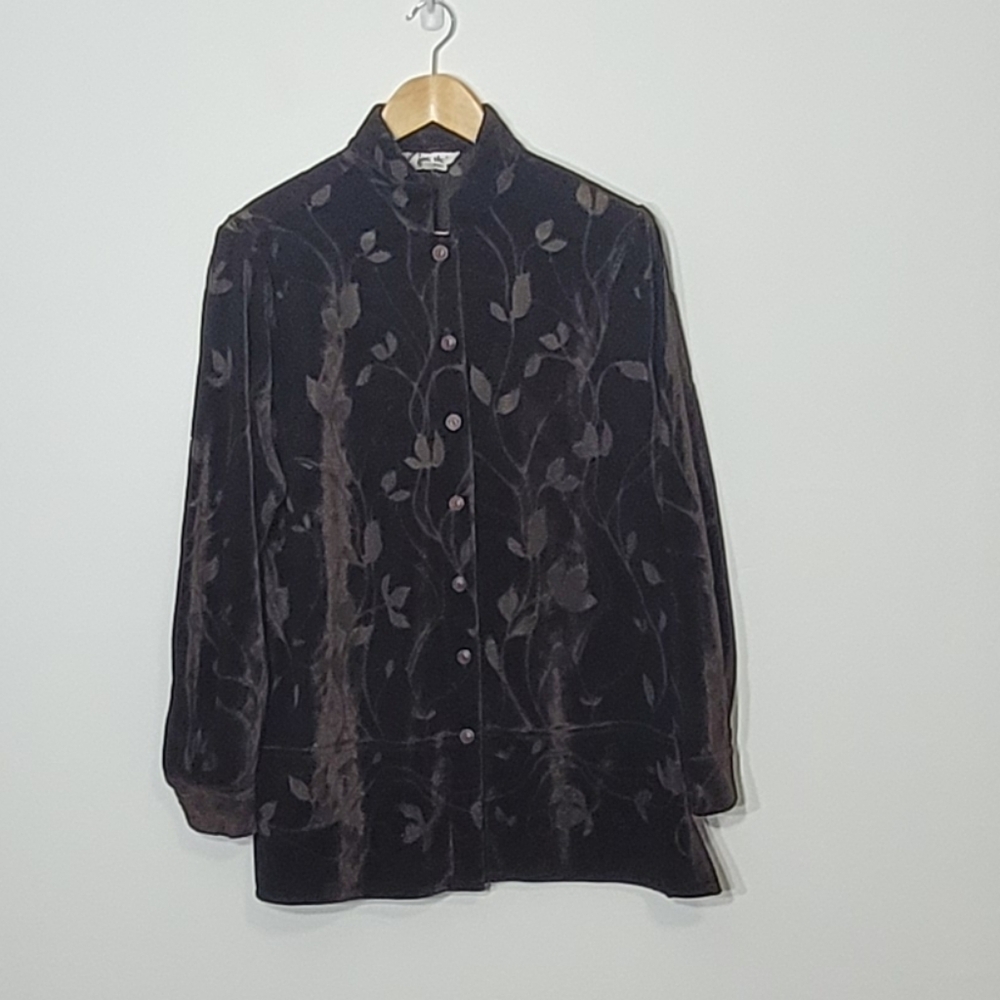 Vintage Jac Dale Brown Soft Velvet Sheer Floral Pattern Oversized Button Down 14